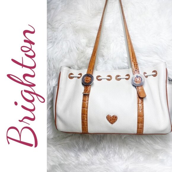 BRIGHTON White & Tan Pebbled Leather Satchel Shoulder Bag Croc Heart Detail - Picture 3 of 15